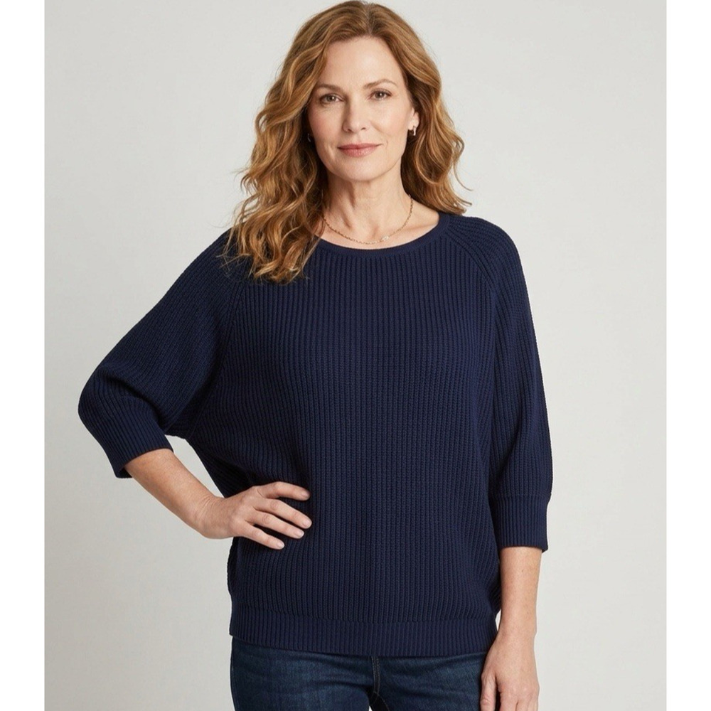 Chico's Navy Blue Ribbed Sweater 3/4 Sleeve Thick Womens Size 2 / US Large